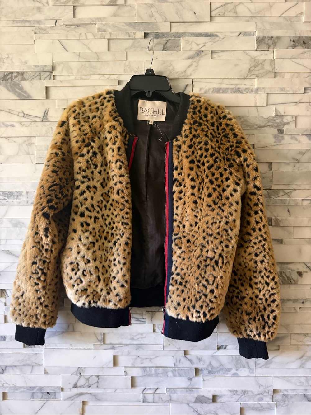 RACHEL Rachel Roy Leopard Faux Fur Bomber Jacket - Tan, Black